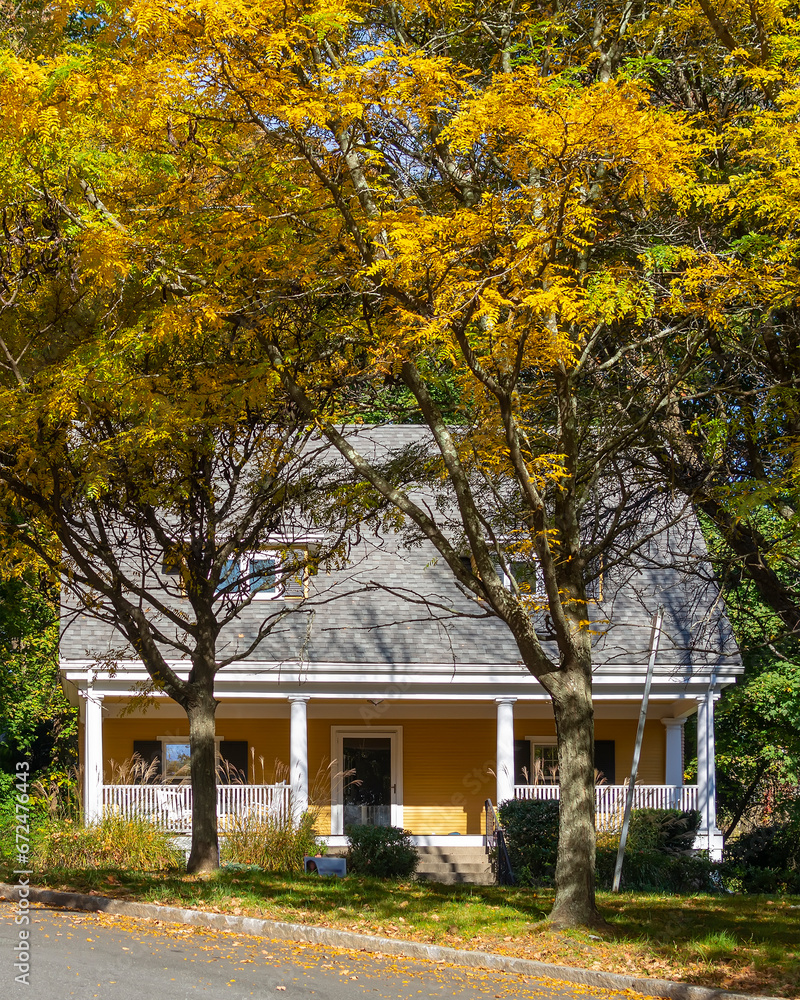 Single-family house surrounded by autumn trees in Brighton, Massachusetts, USA Single-family house surrounded by autumn trees in Brighton, Massachusetts, USA