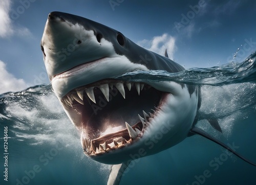Great white shark attacks just underwater surface. Wild angry shark jaw 