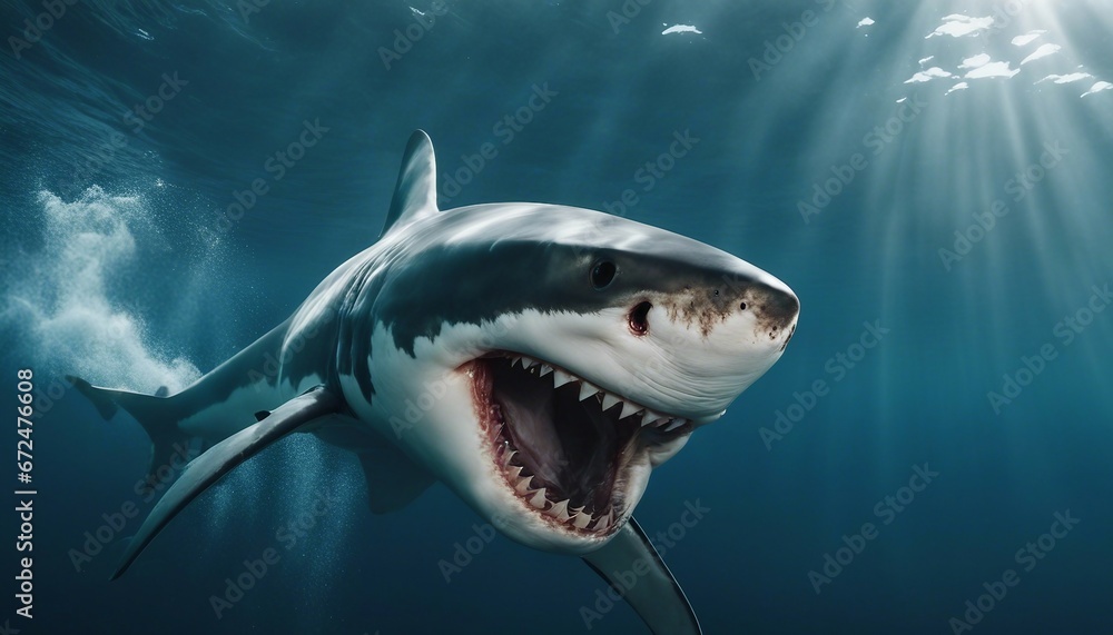 Fototapeta premium Great white shark attacks just underwater surface. Wild angry shark jaw