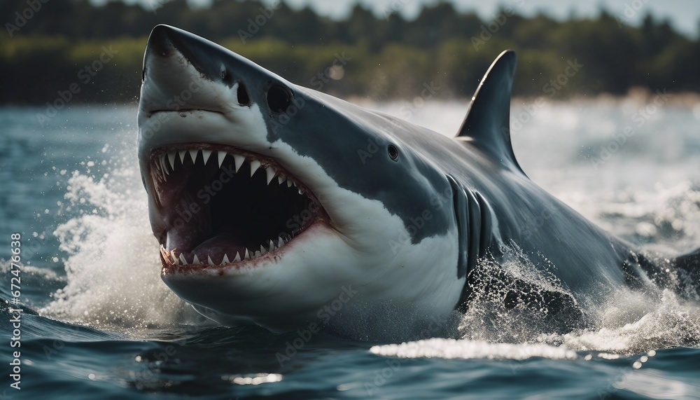 Obraz premium Great white shark attacks just underwater surface. Wild angry shark jaw 