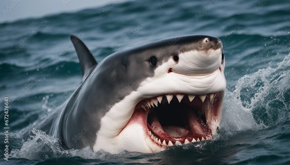 Naklejka premium Great white shark attacks just underwater surface. Wild angry shark jaw 