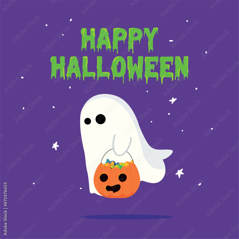 Fototapeta premium Ghost with a pumpkin Happy halloween poster Vector