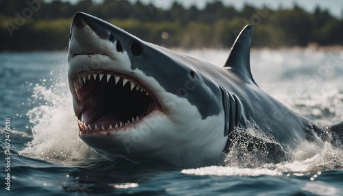 Great white shark attacks just underwater surface. Wild angry shark jaw 