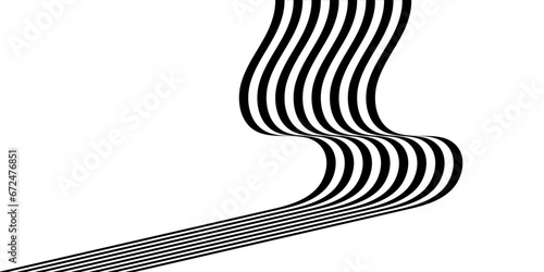 Black on white abstract perspective line stripes wave with 3d dimensional effect isolated on white. doodle wave line art