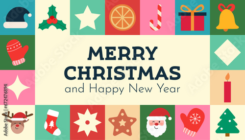 Merry Christmas and Happy New Year geometric and abstract background with decorative elements. Colorful modern art. Vector illustration.