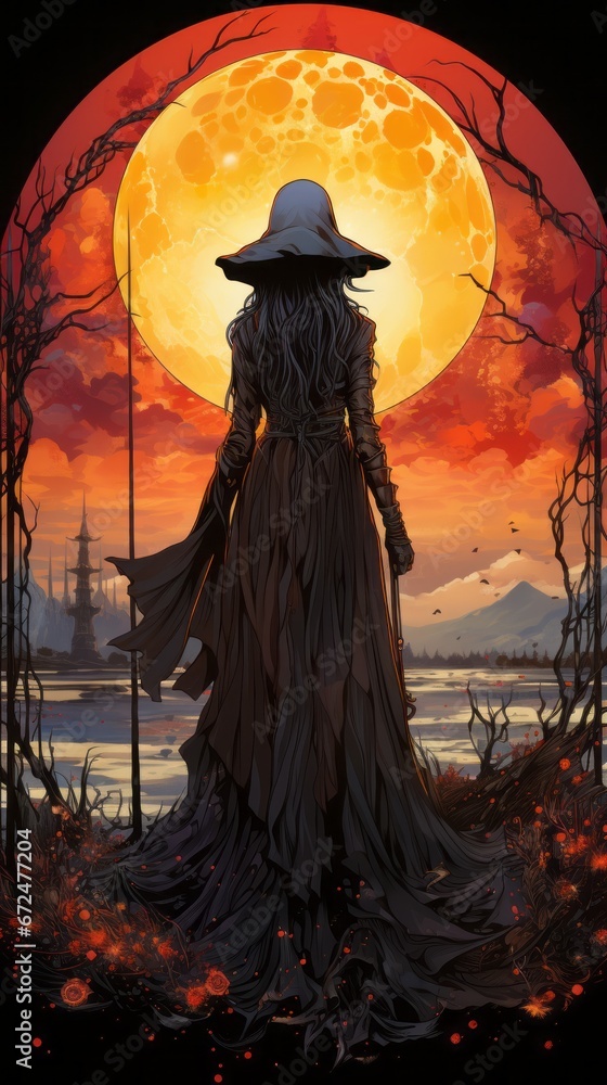 A witch wearing black in a dramatic landscape. Generative AI. A witch wearing black in a dramatic landscape. Generative AI.