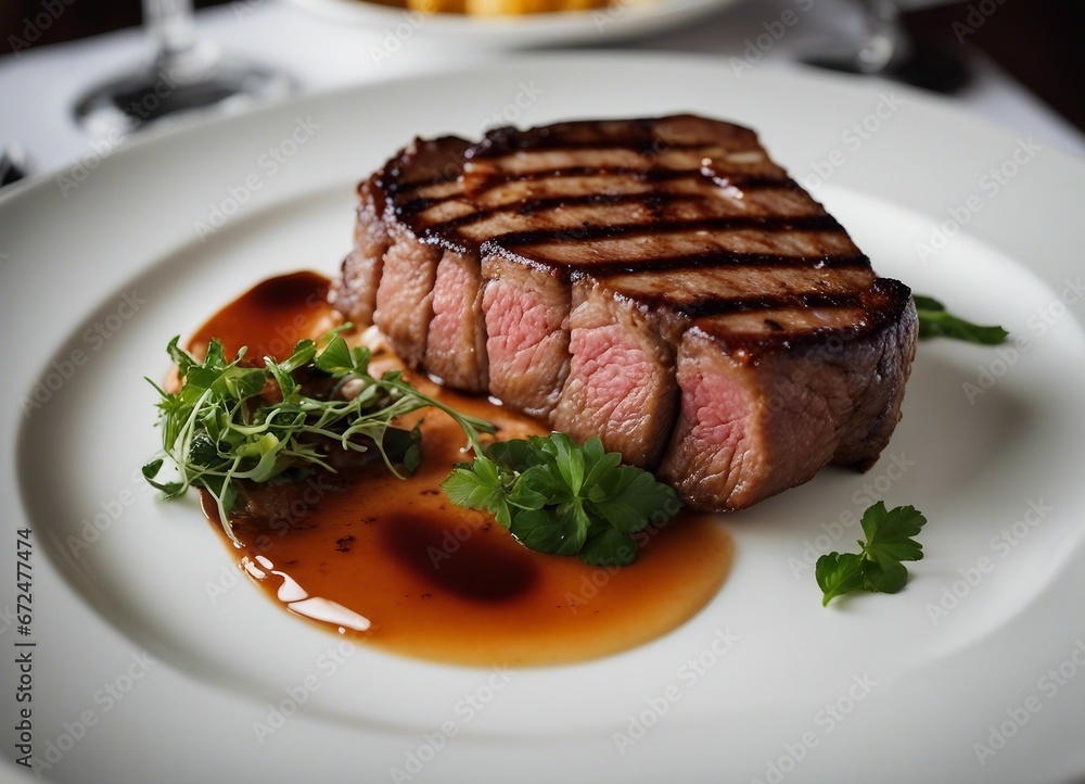 perfectly grilled steak on a white porcelain plate in a luxury restaurant
perfectly grilled steak on a white porcelain plate in a luxury restaurant