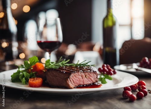 grilled red meat cooked medium rare on a white porcelain plate with a glass of red wine in a luxury restaurant

