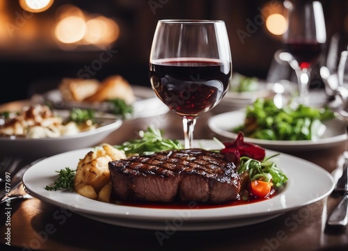 grilled red meat cooked medium rare on a white porcelain plate with a glass of red wine in a luxury restaurant