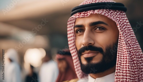 Middle aged Muslim man with a handsome face, dressed as a Saudi Arabian sheikh, photographed against a blurred background of the Dubai desert. photo