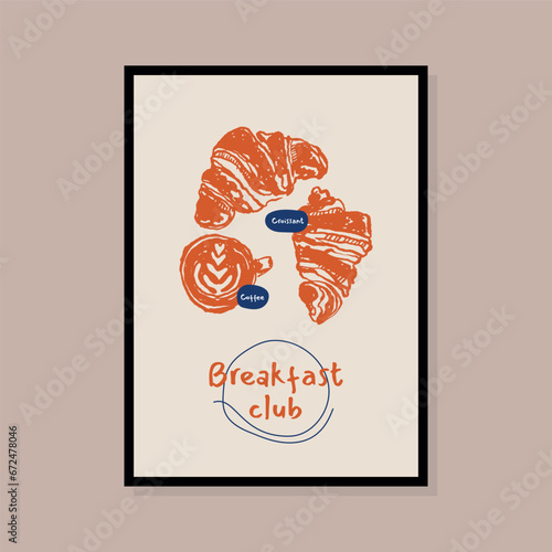 Minimalist hand drawn coffee with croissants vector illustration collection. Art for postcards, branding, logo design, background.