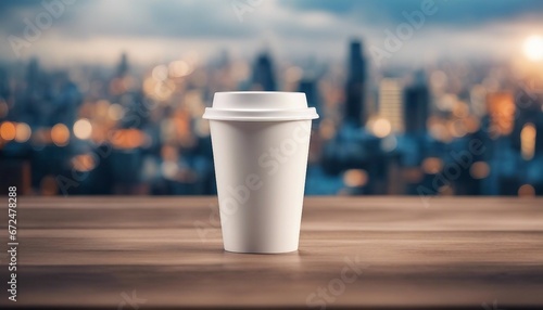 White paper coffee cup on wooden table, blurred city background