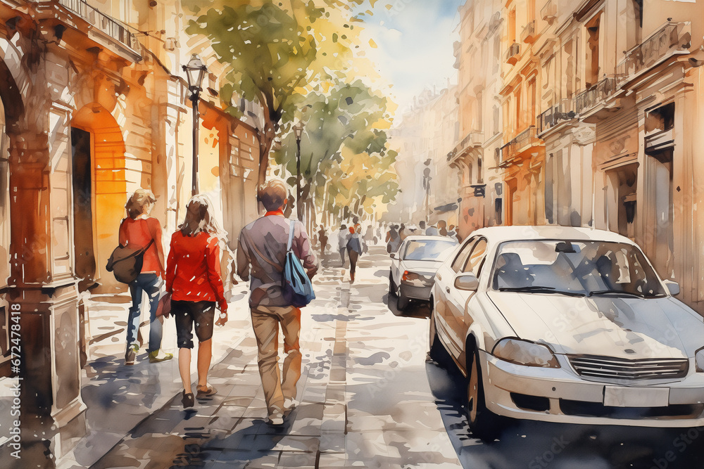 life drawing of a Rome, streets, cars, walking people, monochrome watercolor