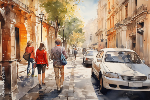 life drawing of a Rome, streets, cars, walking people, monochrome watercolor © Enrique