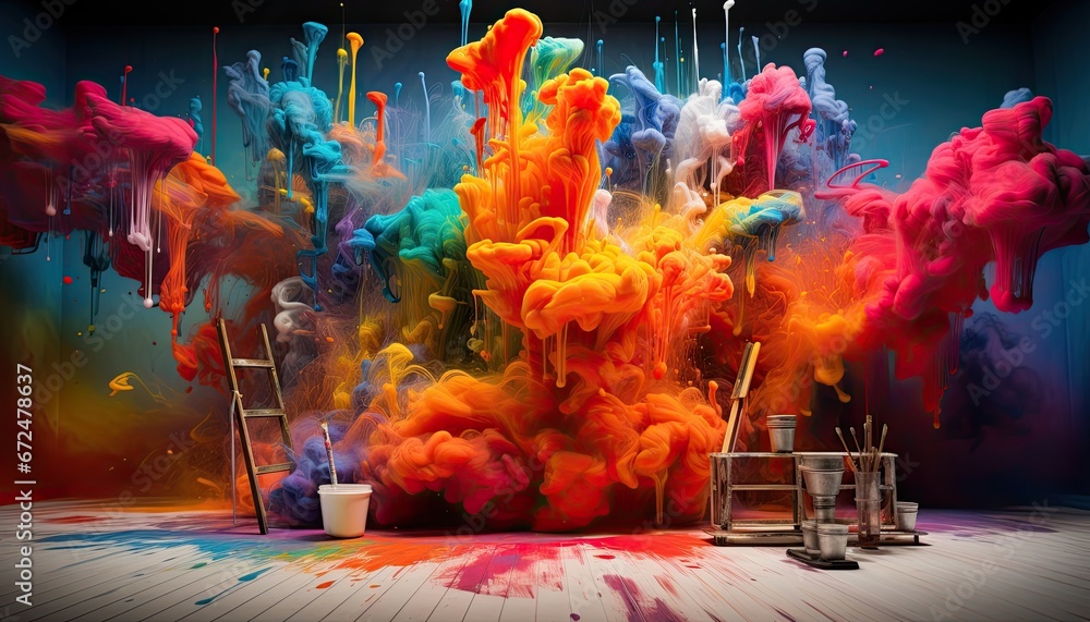 Room with rainbow colors paint explosion, Backdrop for photo studio, room background for an artist or painter photography - obrazy, fototapety, plakaty 
