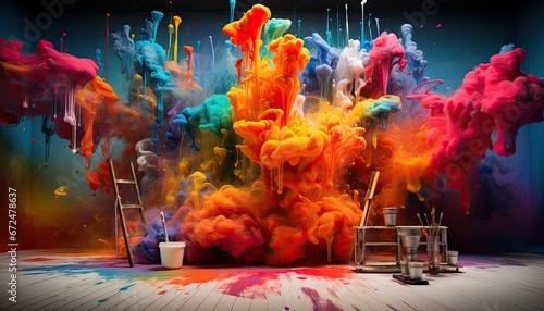 Room with rainbow colors paint explosion, Backdrop for photo studio, room background for an artist or painter photography photo