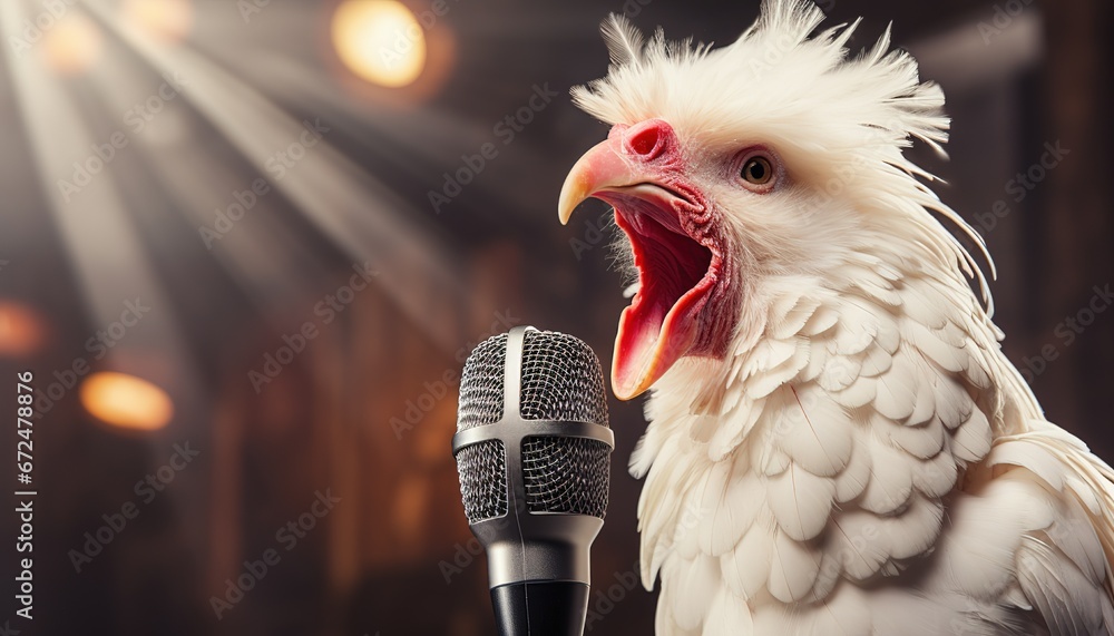 A white chicken singing with a microphone in front of a stage with lighting. Chicken song - obrazy, fototapety, plakaty 