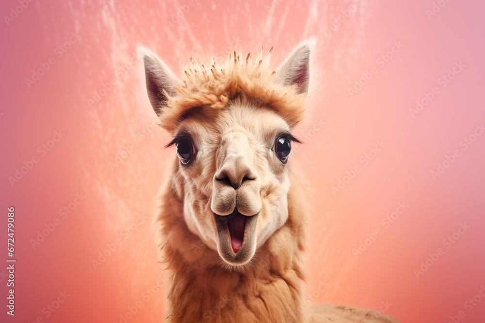 Studio portrait of shocked alpaca with surprised eyes