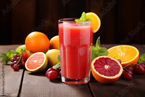Bright and healthy Tutti Frutti juice in a glass surrounded by a medley of vibrant fruits under sunlight photo