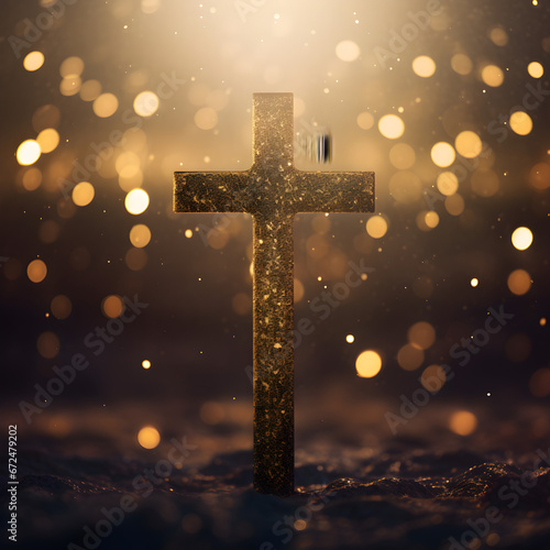 Gold cross with bokeh lights behind it. 