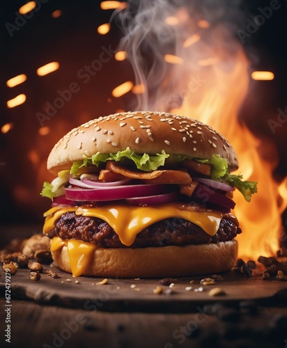delicious hamburger and barbecue flames in the background, blurred background.
