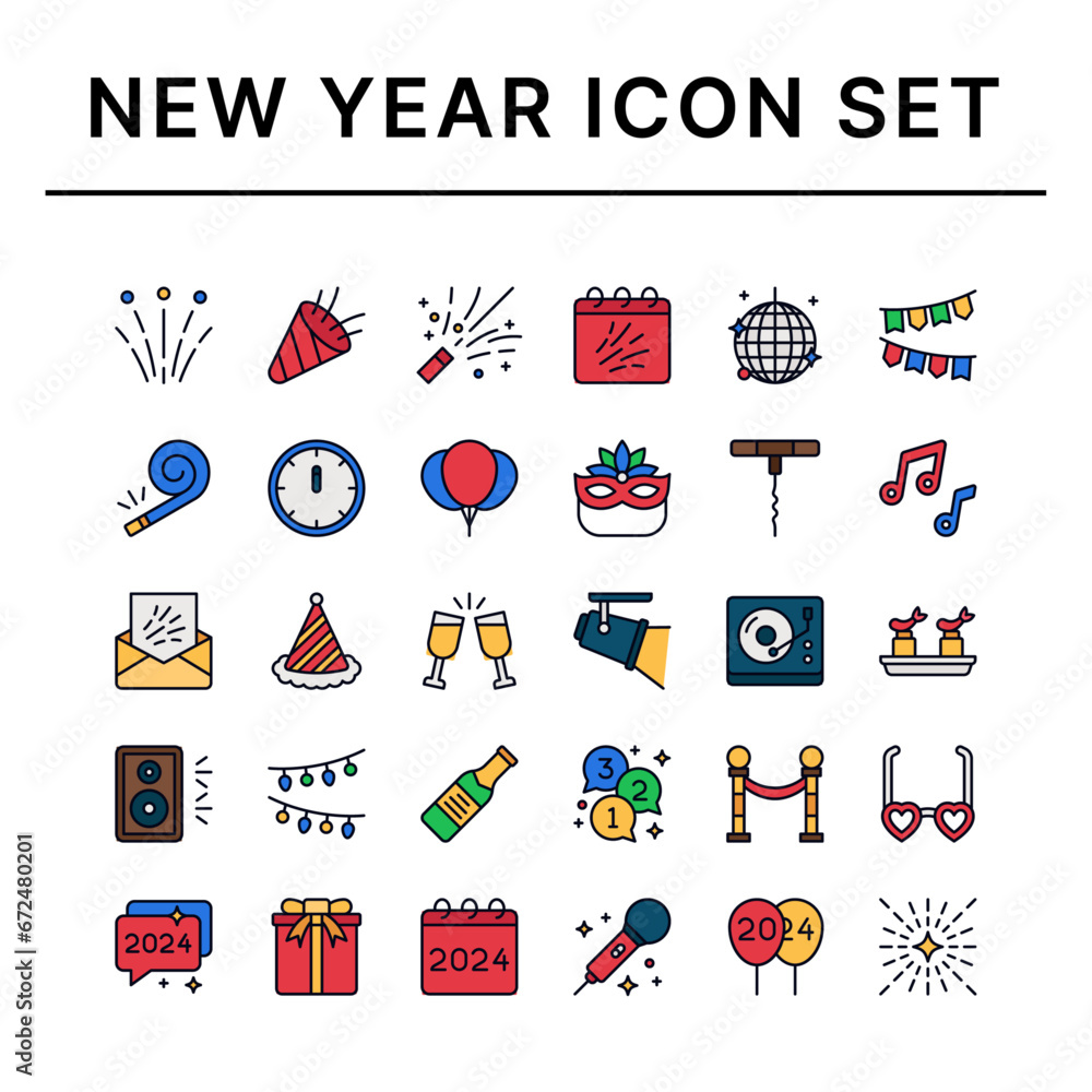 New Year icon set. Filled line style icons New Year icon set. Filled line style icons