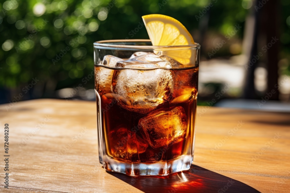 Enjoying a fizzy cola drink with ice and lemon slices on a rustic table in the summer sun Enjoying a fizzy cola drink with ice and lemon slices on a rustic table in the summer sun