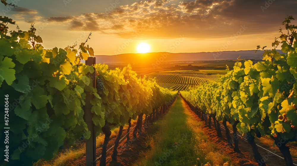 Picturesque vineyard at sunset, rows of neatly pruned grapevines bathed in golden light, promising the fruits of labor. Generative Ai.NO.02 Picturesque vineyard at sunset, rows of neatly pruned grapevines bathed in golden light, promising the fruits of labor. Generative Ai.NO.02