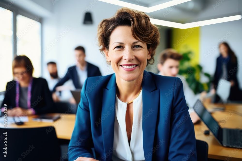 Smiling attractive confident professional woman posing at her business office with her coworkers and employees in the background Smiling attractive confident professional woman posing at her business office with her coworkers and employees in the background