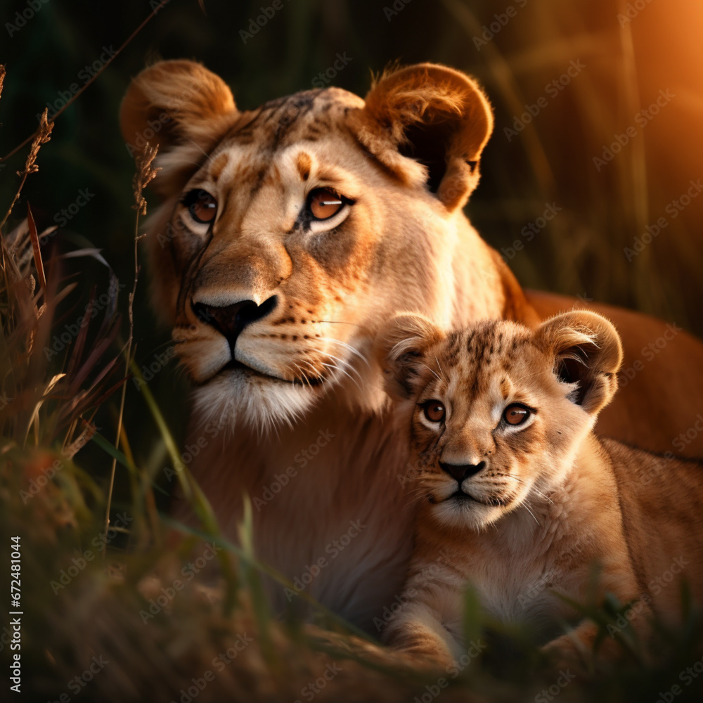 a lion mother with her cub in the grass