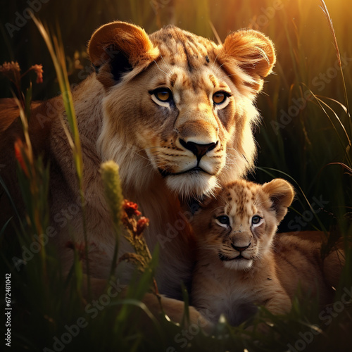 a lion mother with her cub in the grass