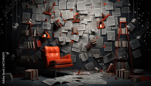Room background for a writer or book lover portrait, room with books and chair, backdrop for photo studio, 