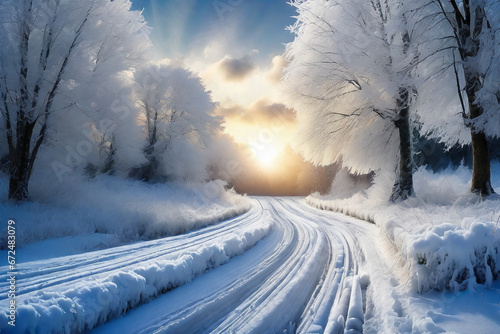 snow covered road. Generative AI © 석권 전