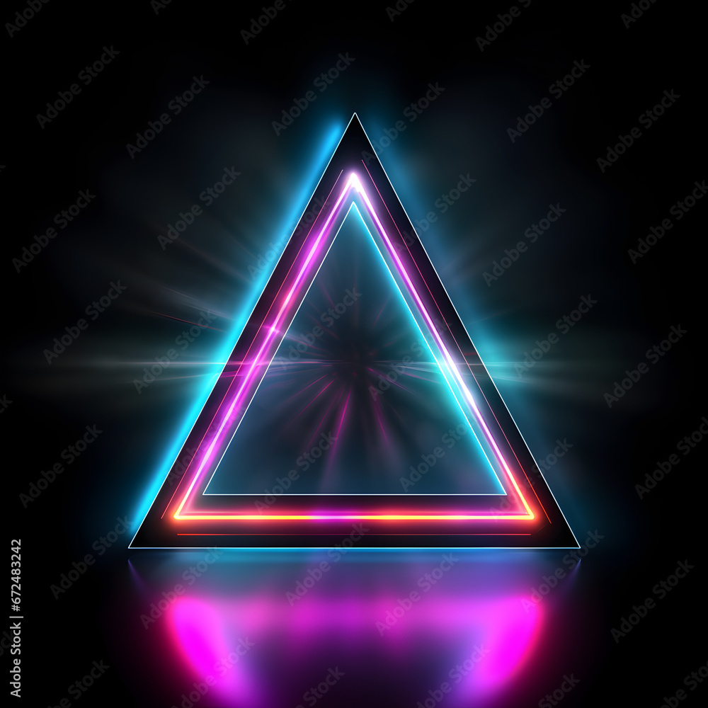 Triangle shape with neon lights and black background.  - obrazy, fototapety, plakaty 