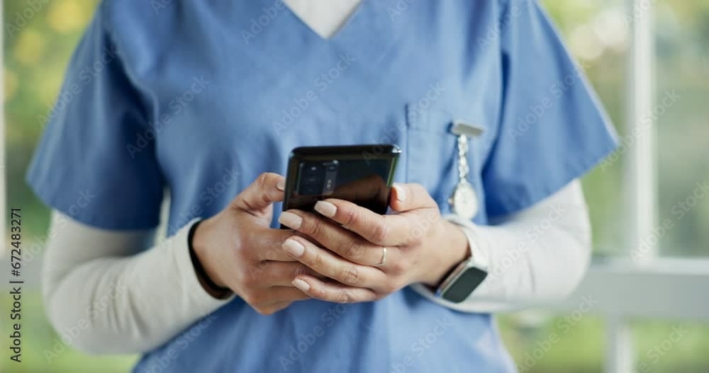 Hands, phone and a nurse closeup in the hospital typing a text message for communication or networking. Healthcare, medical and social media with a medicine professional in the hospital or clinic Hands, phone and a nurse closeup in the hospital typing a text message for communication or networking. Healthcare, medical and social media with a medicine professional in the hospital or clinic