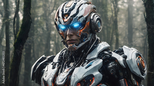 Close-up of a robot cyborg standing in a forest. The robot is made of metal and has a sleek, futuristic design. The robot is looking directly at the camera with a determined expression on its face