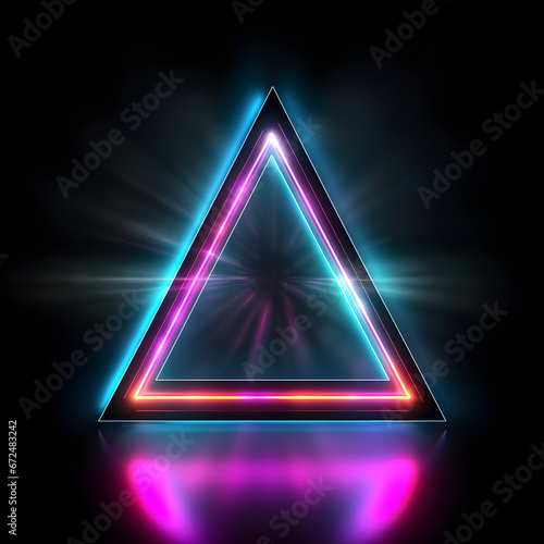 Triangle shape with neon lights and black background. 