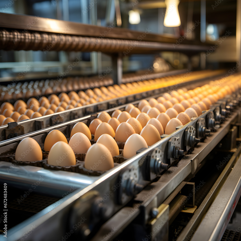 Eggs on a conveyor belt in a food processing facility. 