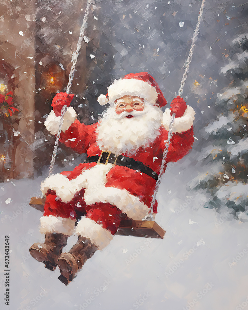 Santa Claus on a swing, winter, cute, painting, vintage, snow, holiday, Christmas, generative ai