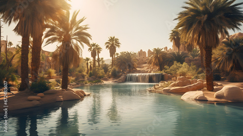 Tranquil oasis in the desert, where palm trees provide shade and a cool breeze whispers tales of ancient civilizations. Generative Ai.NO.03 © ZWDQ