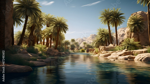 Tranquil oasis in the desert, where palm trees provide shade and a cool breeze whispers tales of ancient civilizations. Generative Ai.NO.04 © ZWDQ