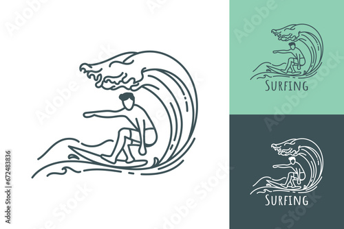Sticker Surfing line art logo of a man surfing in a rolling ocean wave vector illustrati