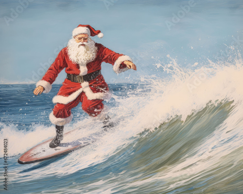 Surfing Santa Claus, Christmas, ocean, beach, generative ai