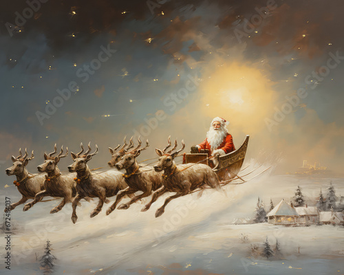 Santa Claus and reindeer sleigh, starry night, moonlight, winter, Christmas, generative ai
