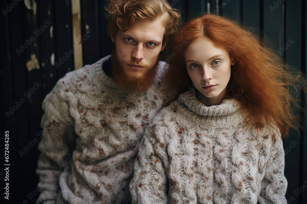 young beautiful couple in identical knitted sweaters young beautiful couple in identical knitted sweaters