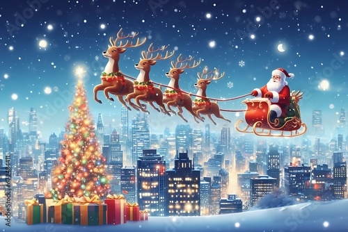 Santa Claus flying in sleigh with reindeers over city at night