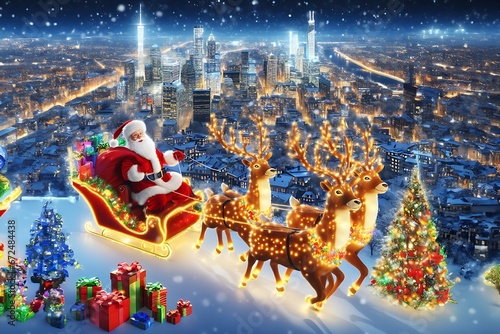 Santa Claus rides on a sleigh pulled by reindeers against the backdrop of the city. 