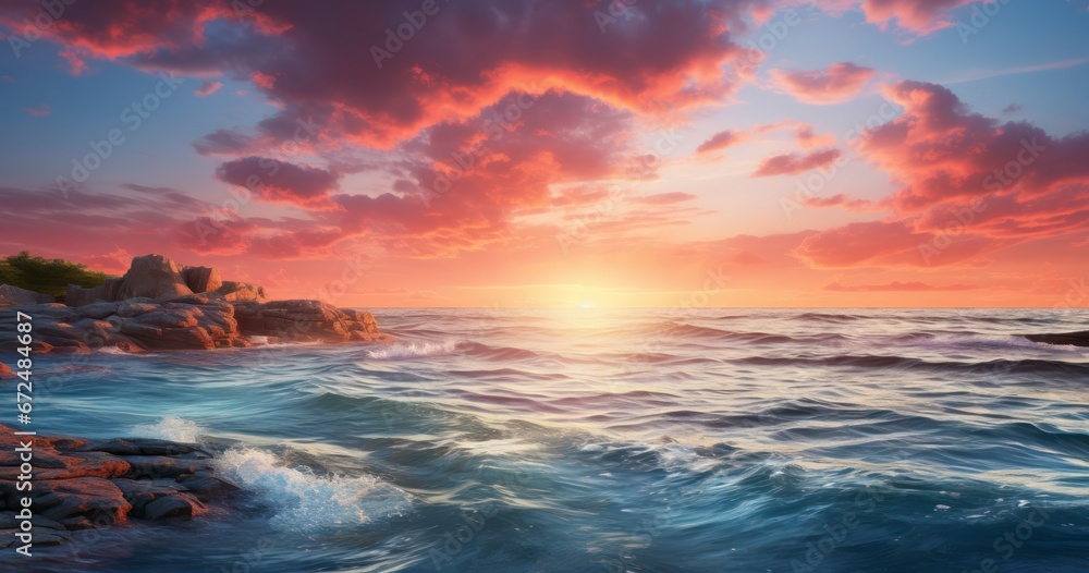 A Radiant Sunrise Over the Mediterranean. Colorful morning scene. Fantastic sunrise. Generative AI