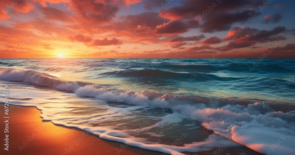 Horizon's Hues: The Symphony of Sunset Colors Reflecting on Gentle Waves. Generative AI