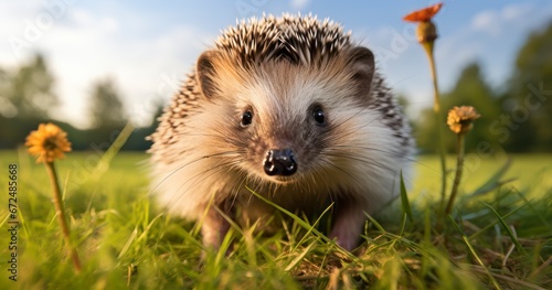 Small cute hedgehog pet on green grass outdoors on summer day. Caring for pets concept. Generative AI